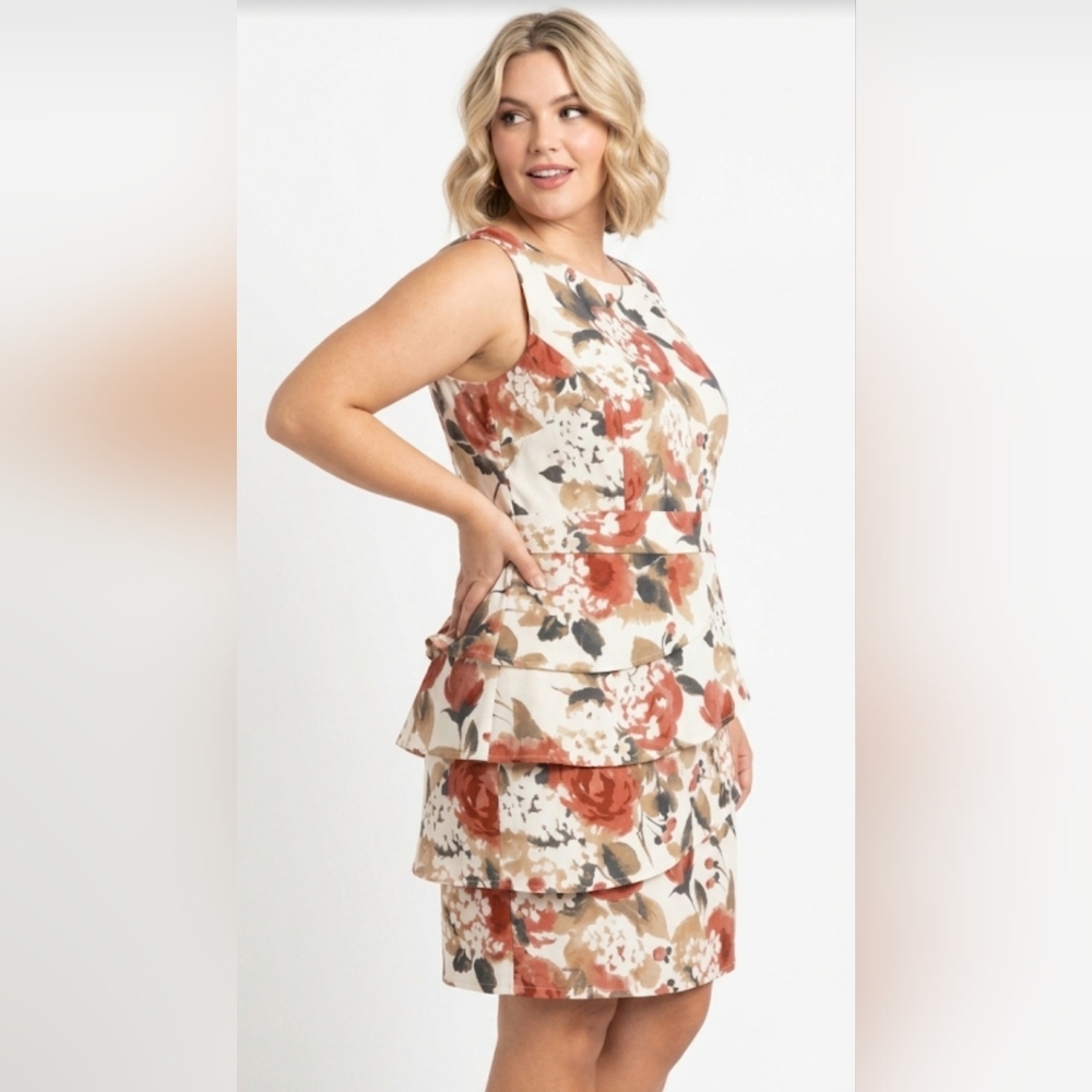 Laura Plus Floral Sheath Dress – Coral Tiered Wedding Guest Midi ✨️size 24
